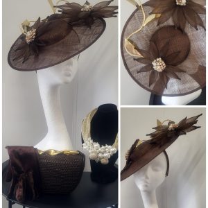 DANIELLA - CHOCOLATE BROWN AND GOLD  DISH FASCINATOR