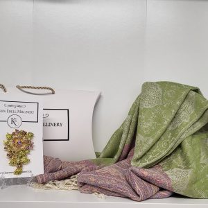 LIME GREEN AND PINK PASHMINA WRAP SCARF  AND BROOCH GIFT SET