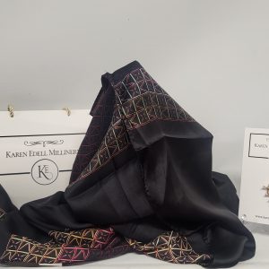 BLACK AND MULTCOLOURED PASHMINA WRAP AND BROOCH GIFT SET