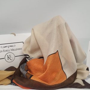 CREAM, ORANGE AND BROWN PASHMINA WRAP SCARF AND BROOCH GIFT SET