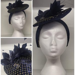OPAL - NAVY AND GOLD UPRIGHT FASCINATOR - EX HIRE