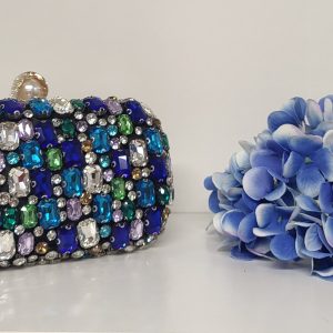 CHERISH - ROYAL BLUE, SILVER AND GREEN RHINESTONE CLUTCH BAG