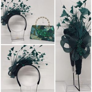 RITA - BOTTLE GREEN VELVET HAIRBAND FASCINATOR   EX HIRE  SALE