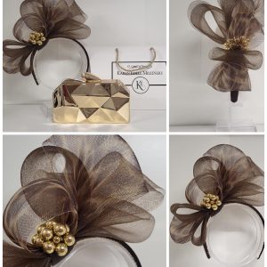 MIRANDA - CHOCOLATE BROWN LEOPARD PRINT AND GOLD FASCINATOR   - SAMPLE SALE
